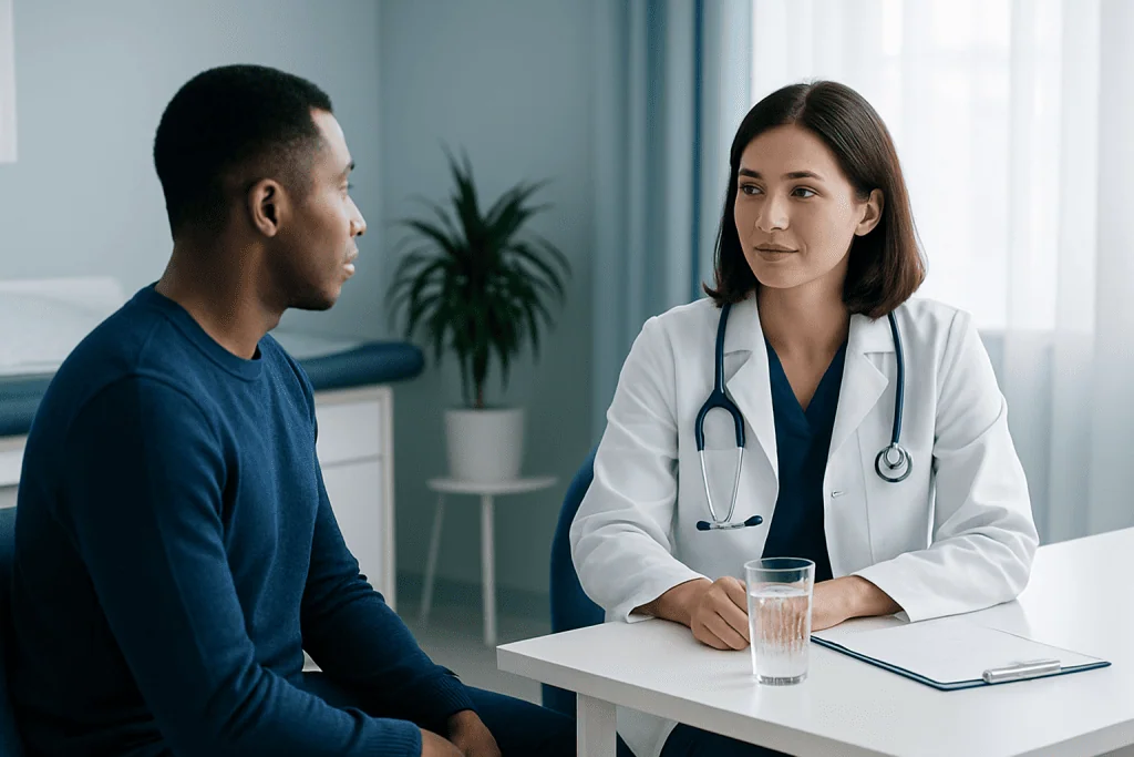 Doctor consulting with a patient in a modern medical office.