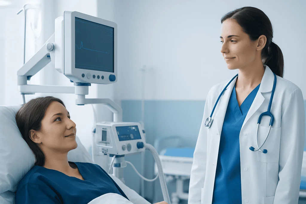 Doctor and patient in hospital room with medical monitors.