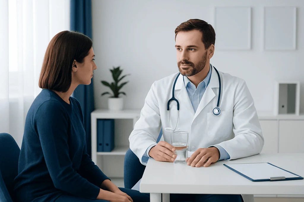 Doctor consulting with a female patient in a modern medical office.