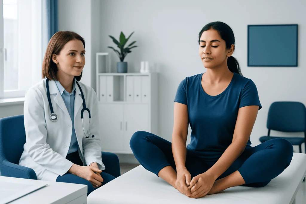 Doctor consulting patient in a medical examination room.
