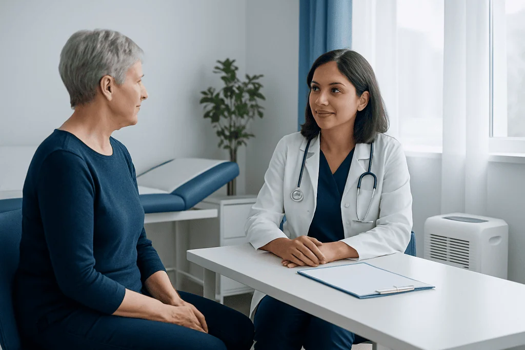 Doctor consulting with an elderly female patient in a medical office.