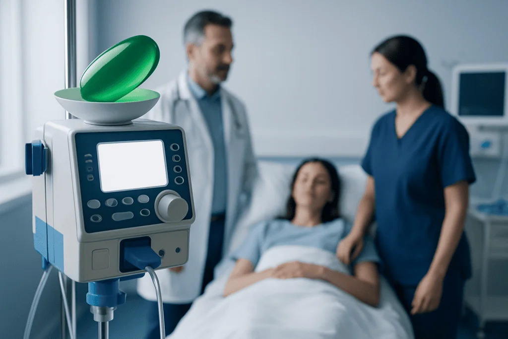 Medical professionals monitoring a patient in a hospital room with medical equipment.