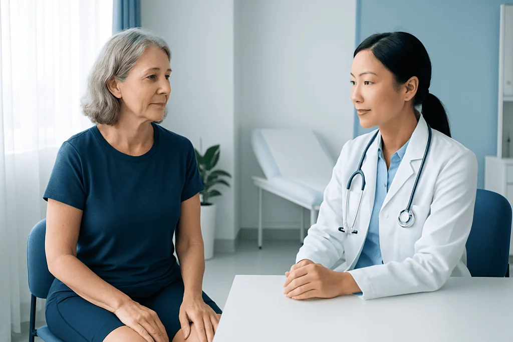Doctor consulting with an elderly female patient in a medical office.