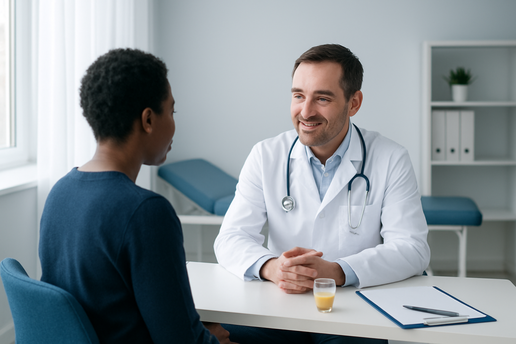 Doctor consulting with a patient in a modern medical office setting.