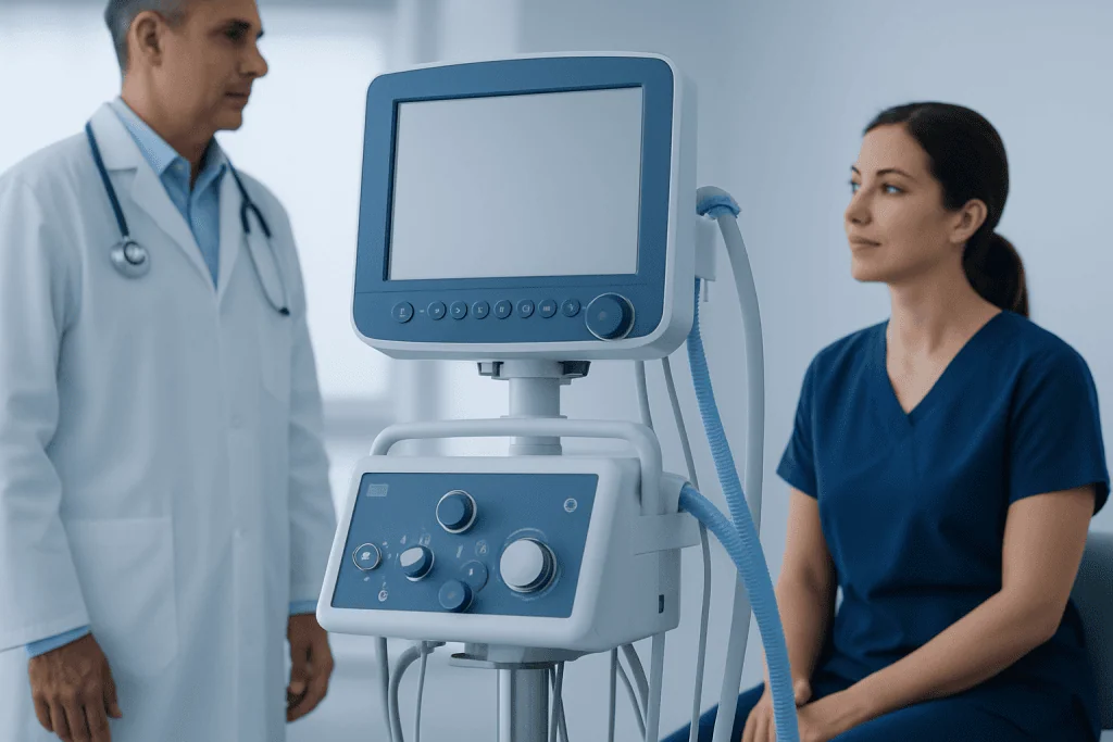 Medical professionals with ultrasound machine in hospital setting.