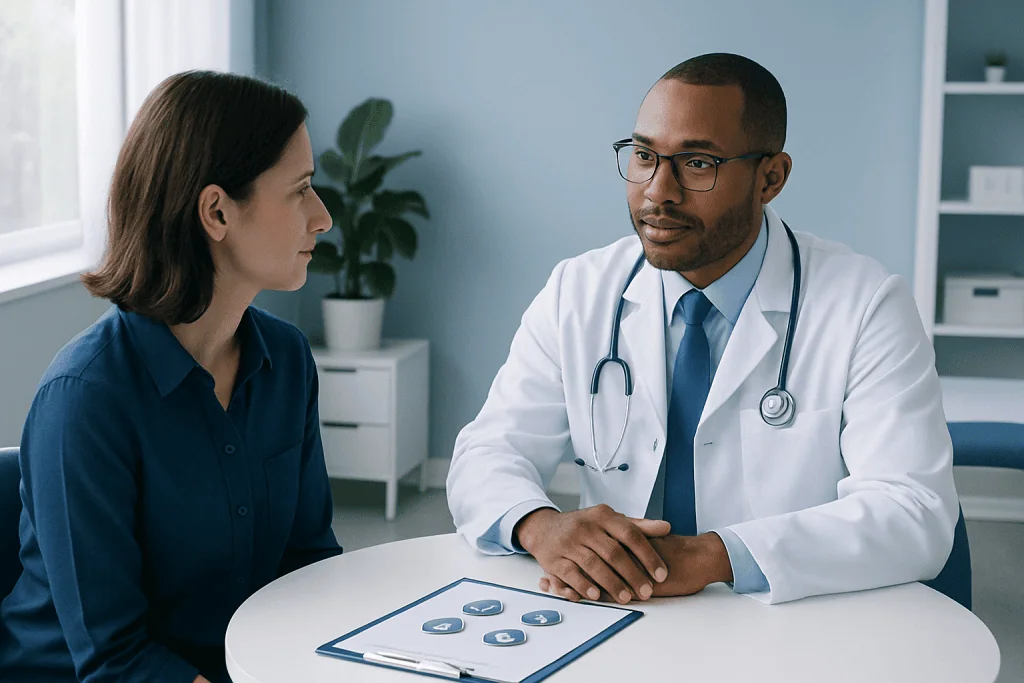 Doctor consulting with a female patient in a modern clinic setting.