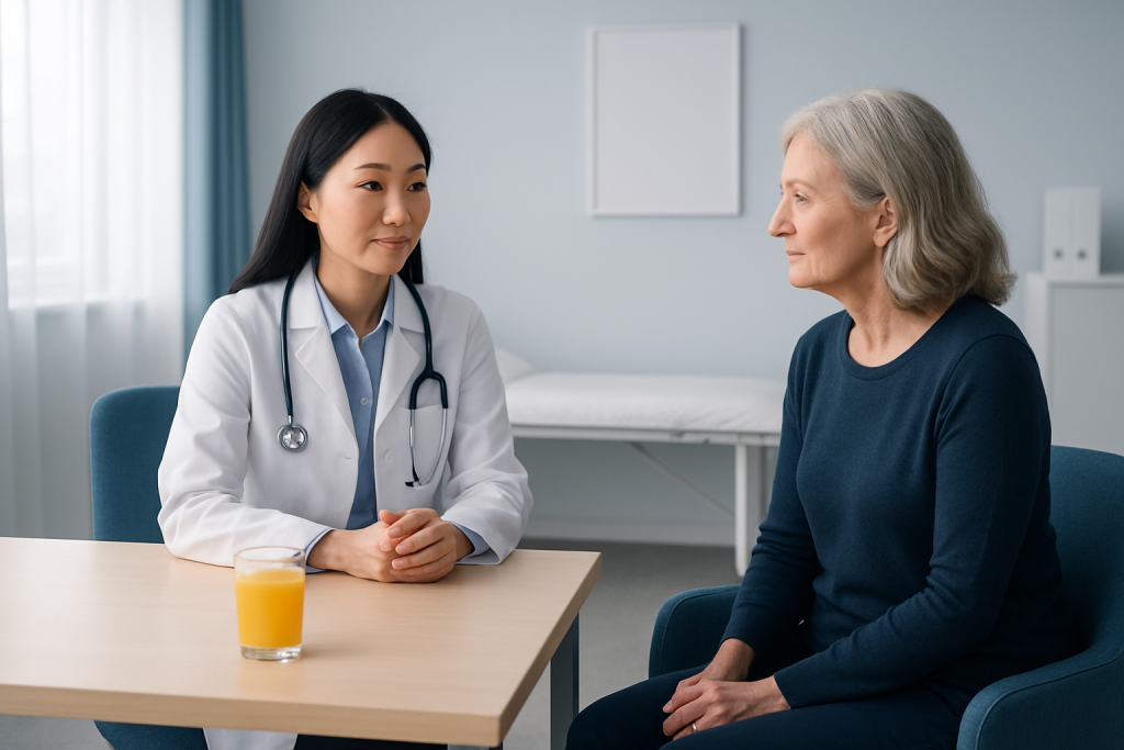 Doctor consulting elderly woman in a medical office with orange juice on the table.