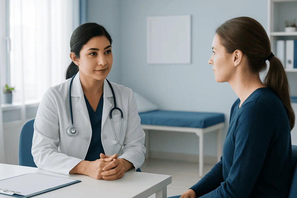 Doctor consulting with a patient in a modern hospital room.