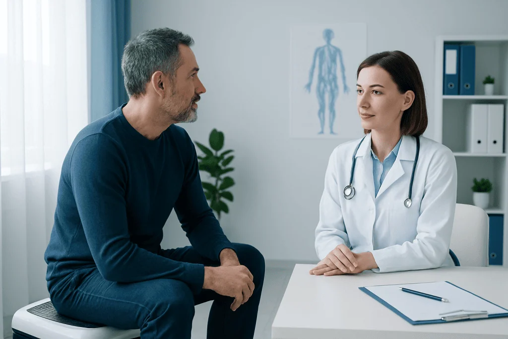 Doctor consulting with a male patient in a medical office.