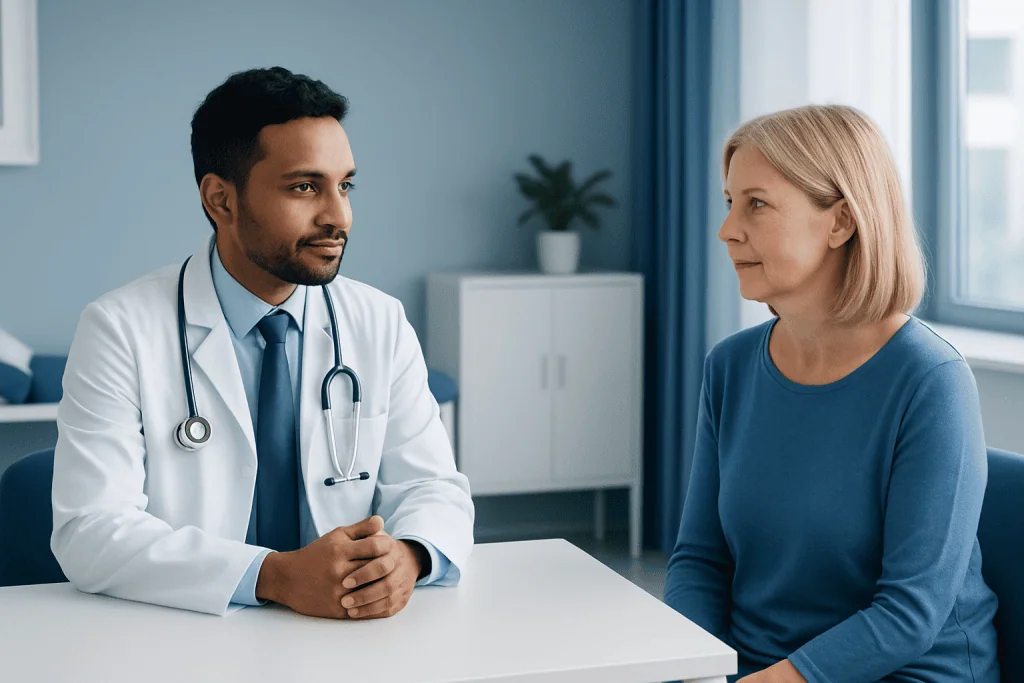 Doctor consulting with a female patient in a modern clinic setting.