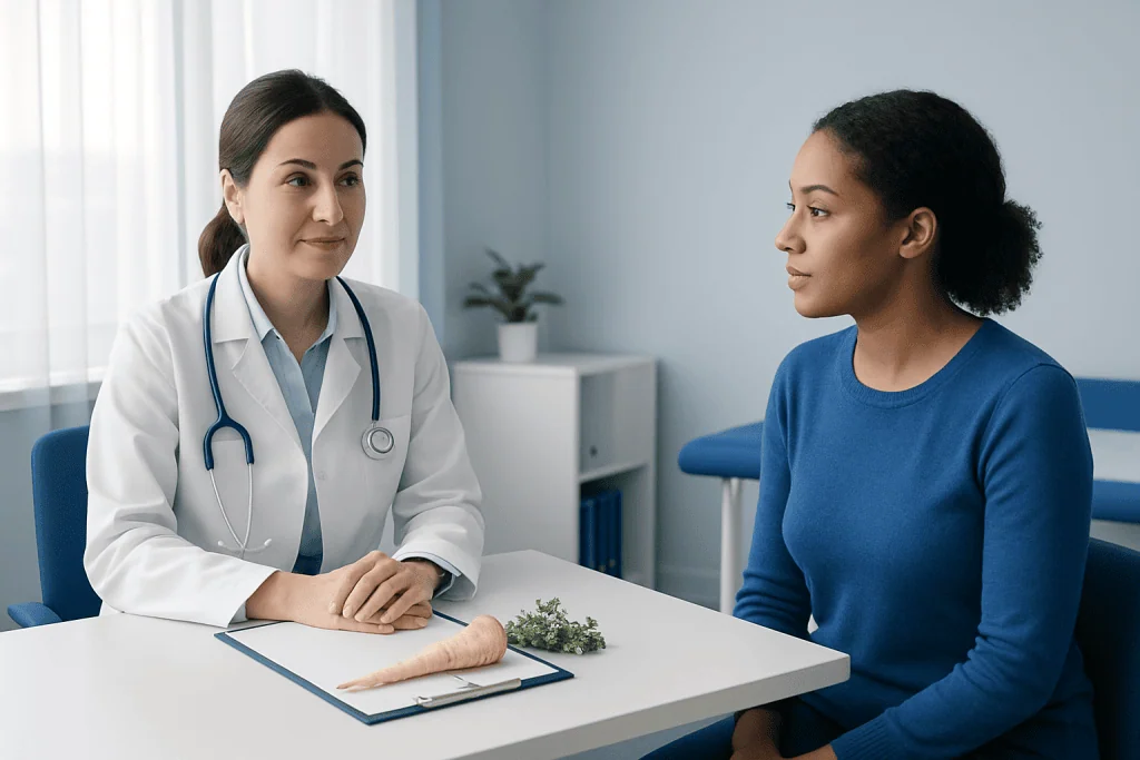 Doctor consulting a patient in a medical office with a parsnip on the table.