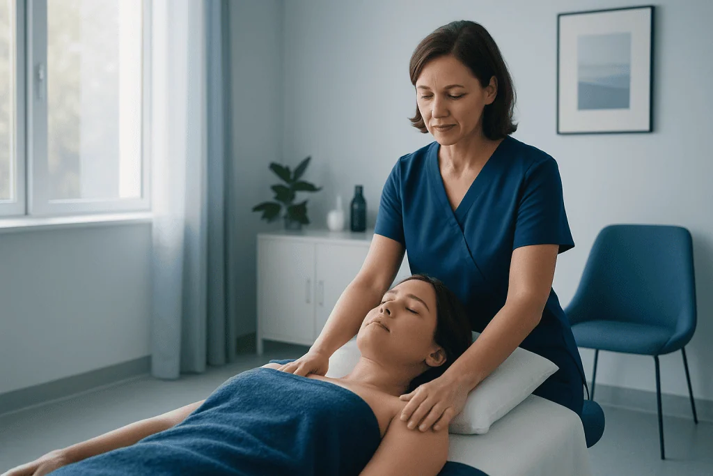 Therapist performing massage therapy on a woman in a clinical setting.