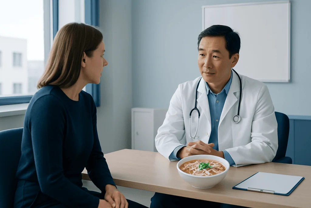 Doctor consulting with a patient about health in a modern clinic setting.