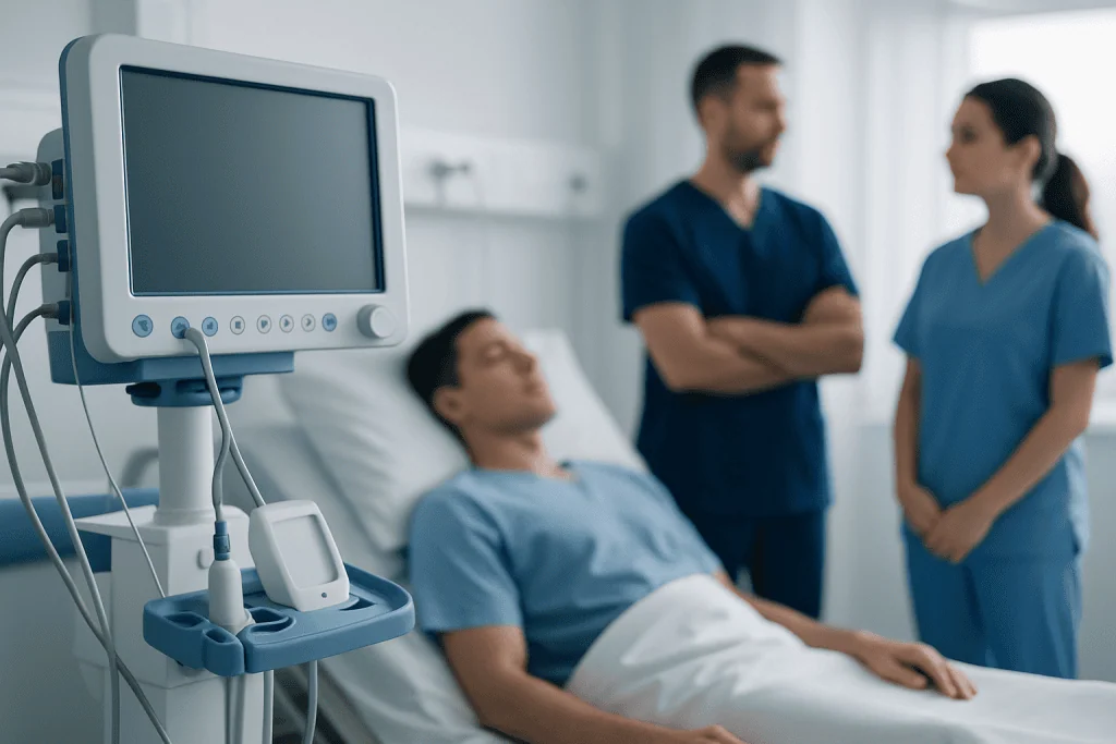 Patient in hospital bed with medical staff and monitor in background.