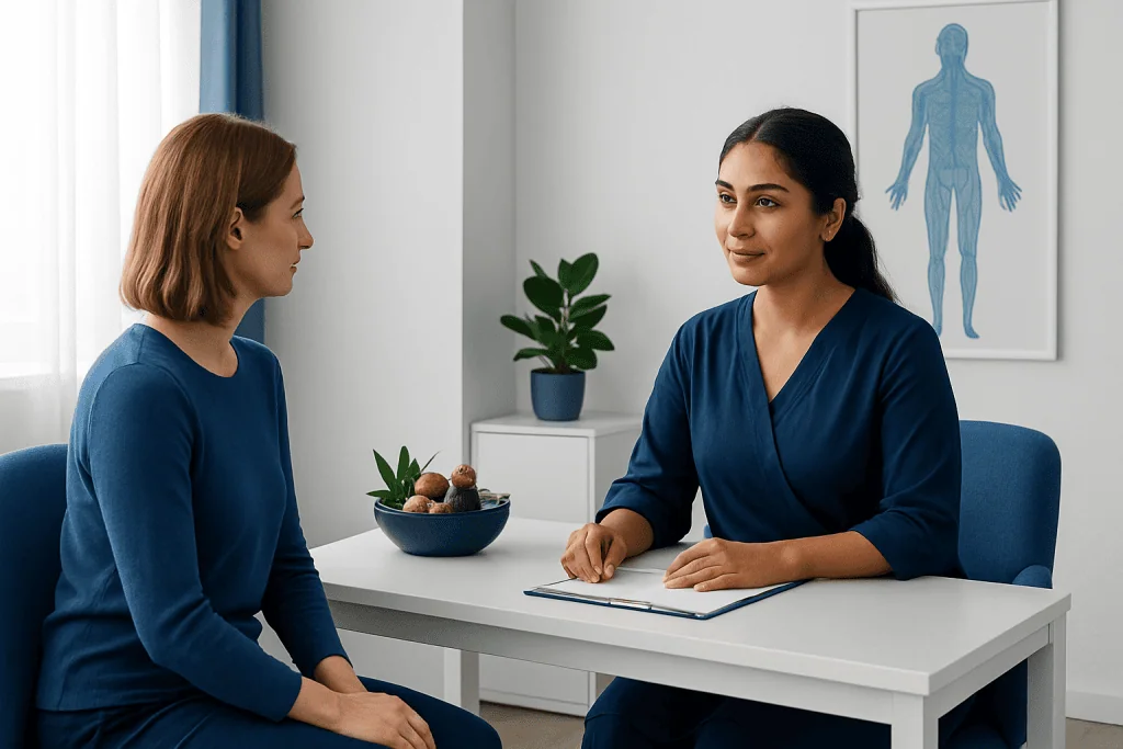 Doctor consulting a patient in a medical office with a human anatomy chart on the wall.