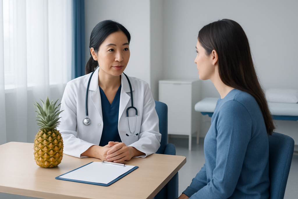 Doctor consulting patient in a medical office with pineapple on the table.