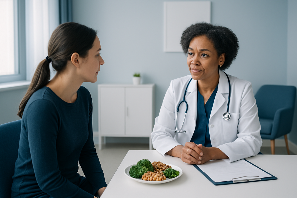 Doctor consulting with patient about healthy diet and foods high in arginine.
