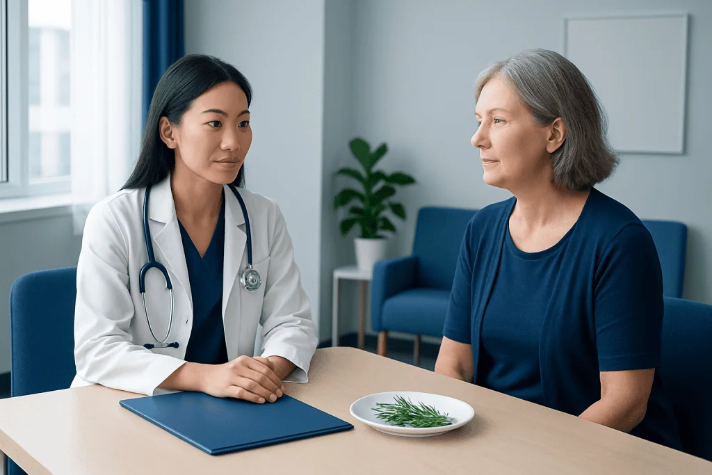 Doctor consulting with an elderly female patient in a modern clinic.