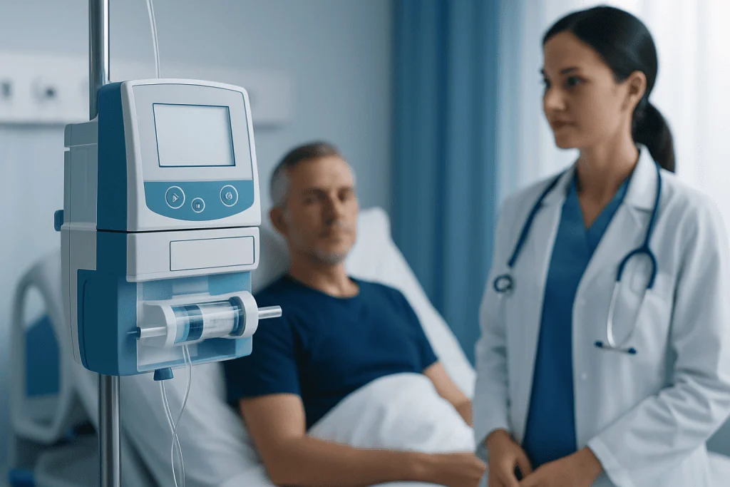 Hospital room with patient and nurse near medical equipment.