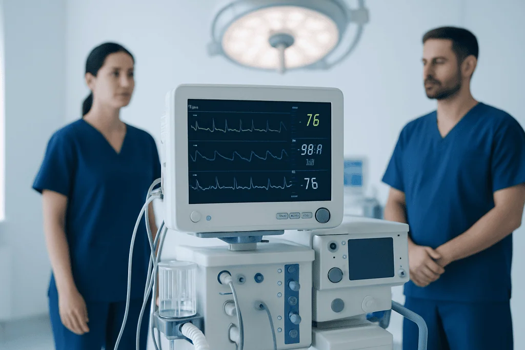 Medical professionals monitoring patient vital signs in hospital.