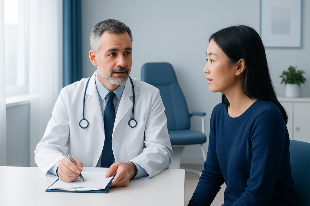 Doctor consulting with a female patient in a modern hospital room.