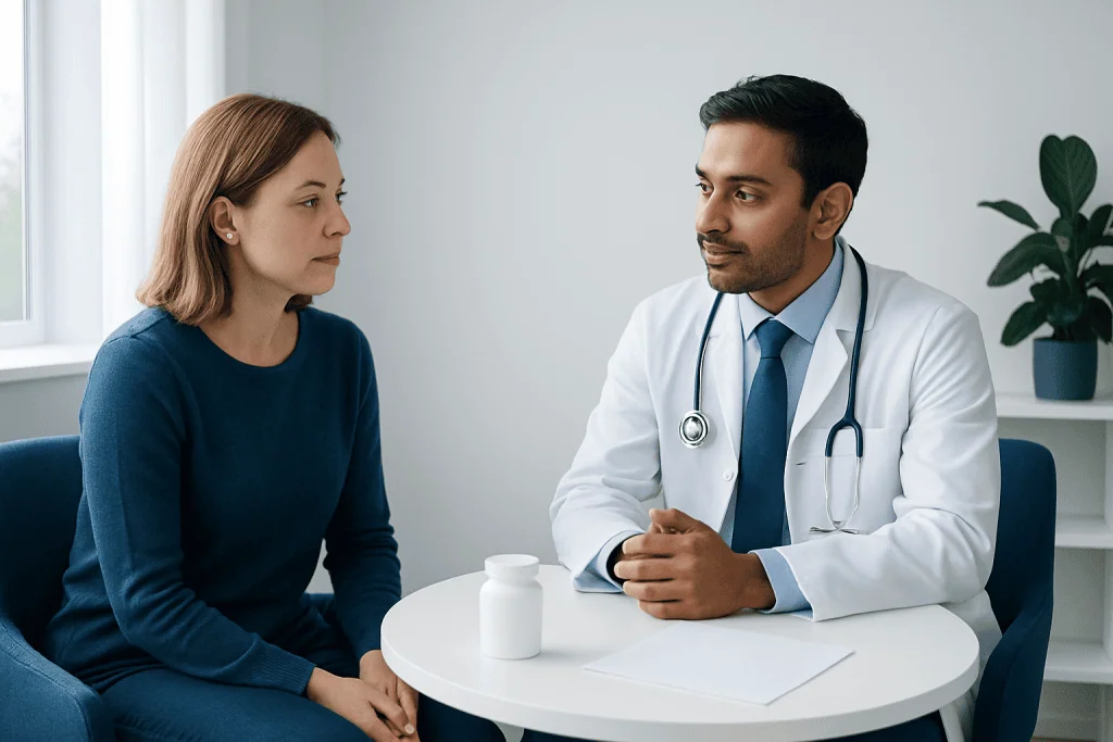 Doctor consulting with female patient in a medical office setting.