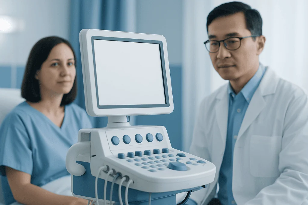 Medical professionals with ultrasound machine in hospital setting.