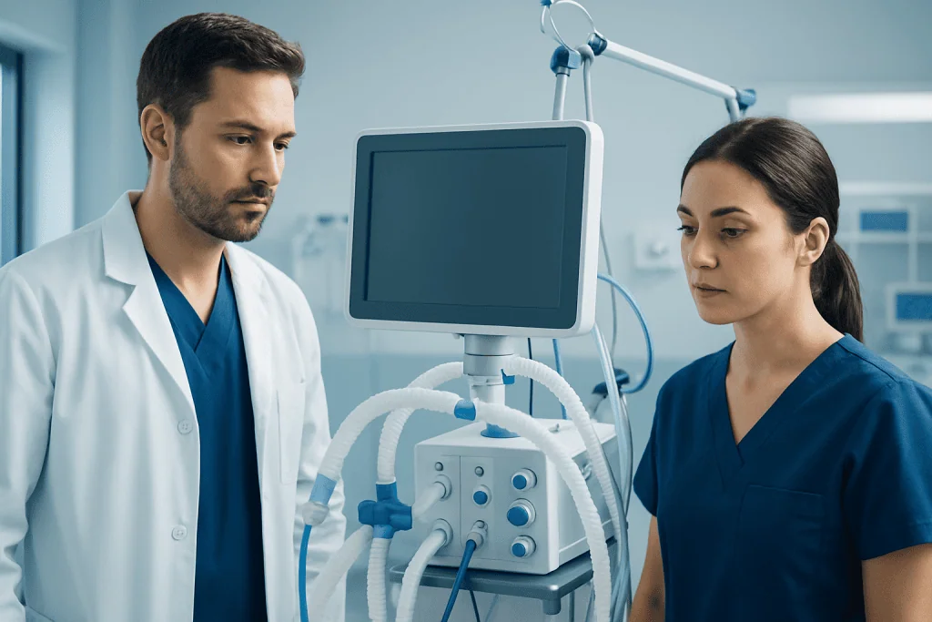 Medical professionals monitoring patient ventilator in hospital.