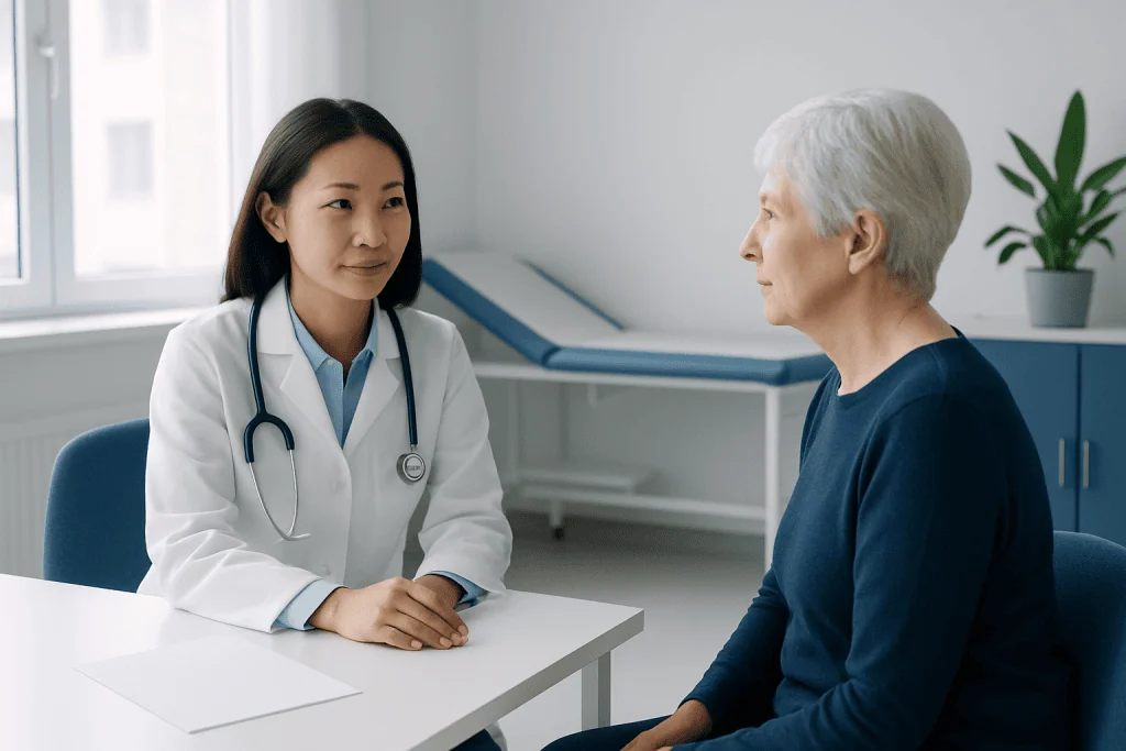 Doctor consulting with elderly patient in a medical office.