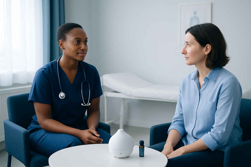 Healthcare professional and patient discussing aromatherapy benefits in a clinic.