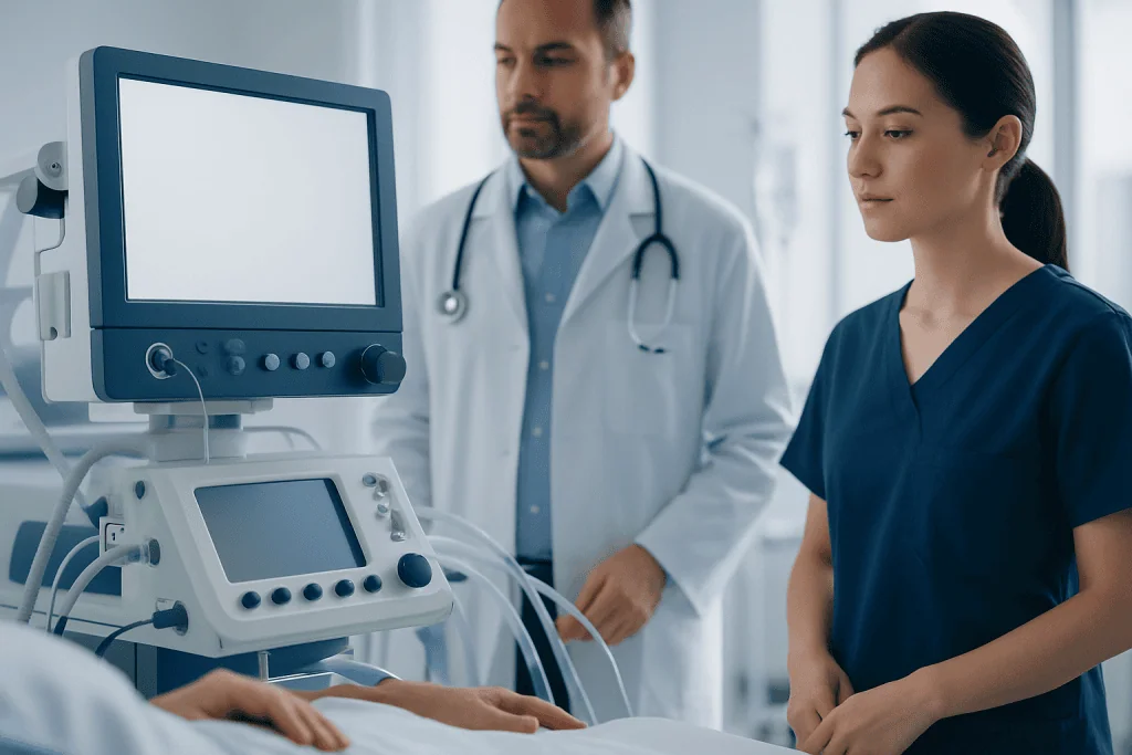 Medical professionals monitoring patient with hospital equipment in a clinical setting.