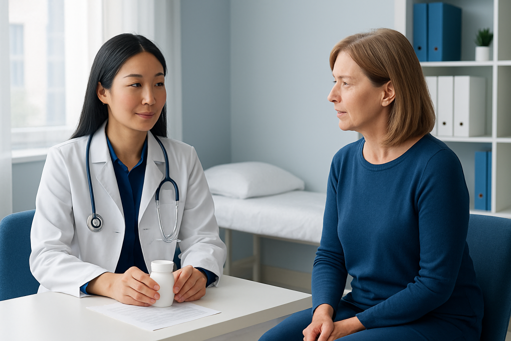 Doctor consulting with a female patient in a medical office.