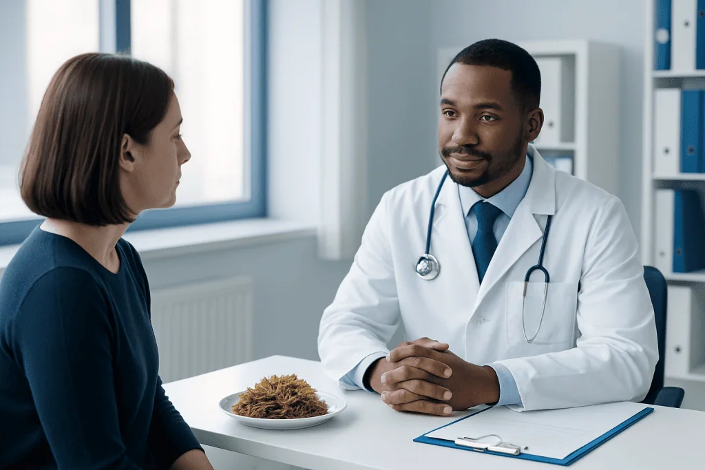 Doctor consulting a patient with sea moss on the table in a medical office.
