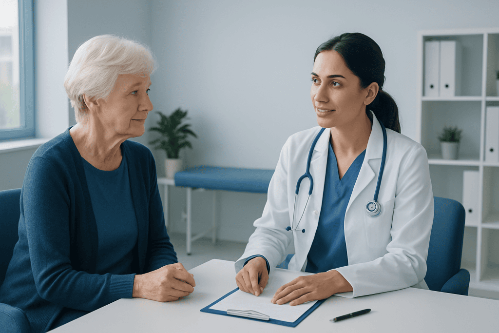 Doctor consulting with elderly patient in a medical office.