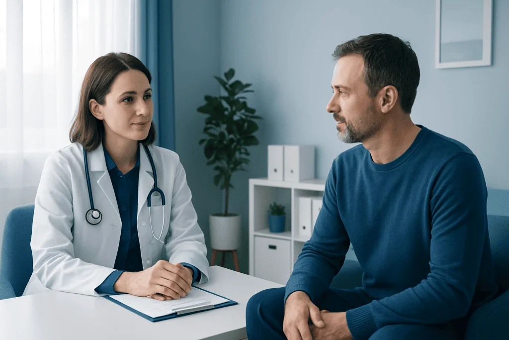 Doctor consulting with a male patient in a modern clinic setting.