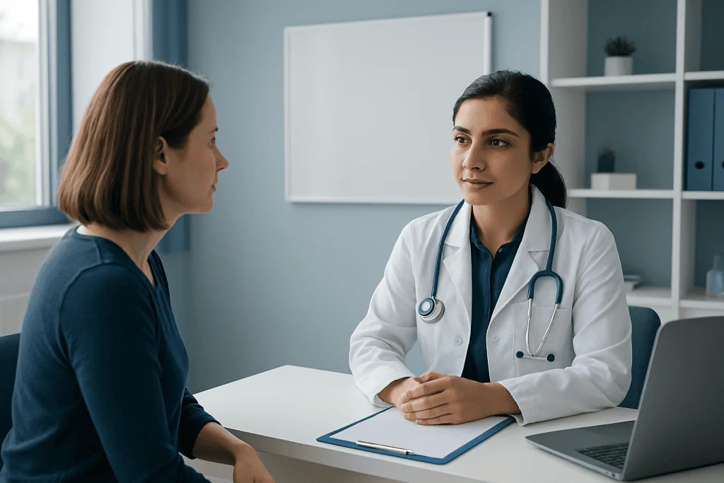 Doctor consulting with a patient in a modern medical office setting.