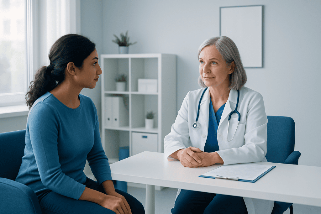 Doctor consulting with a patient in a modern medical office.