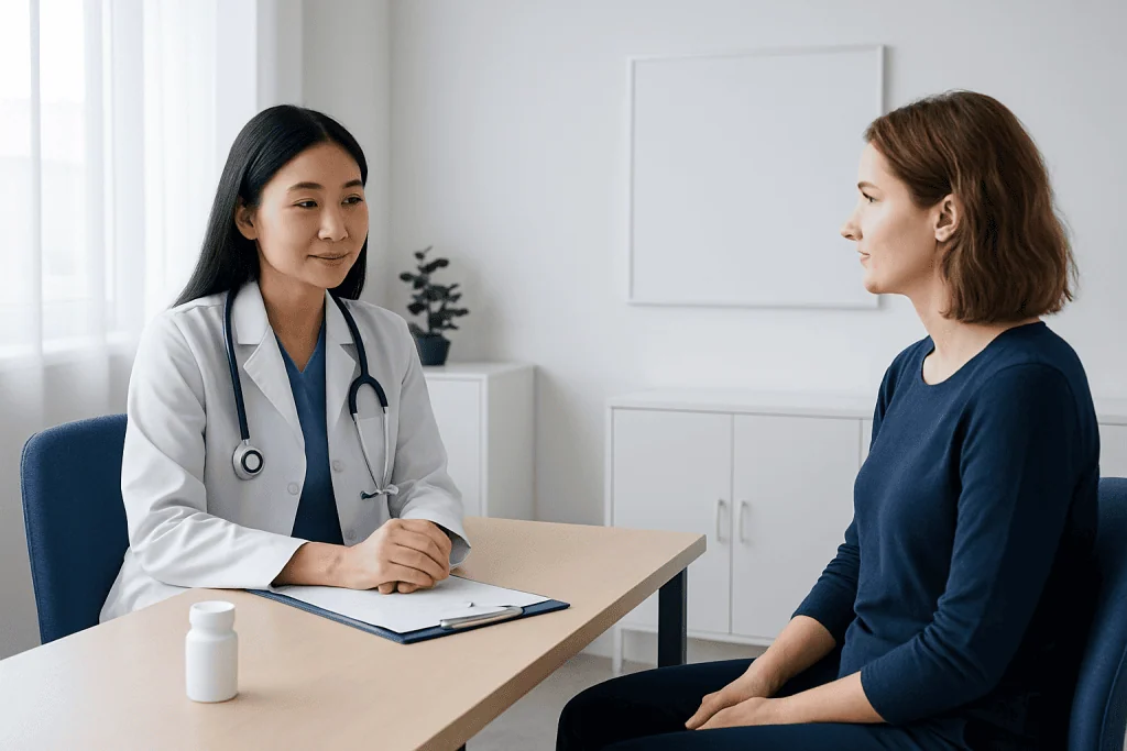 Doctor consulting with a patient in a modern medical office.