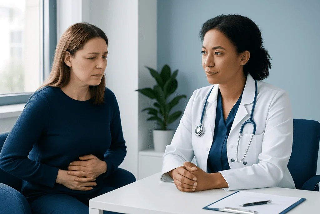 Doctor consulting with a patient about digestive health issues.