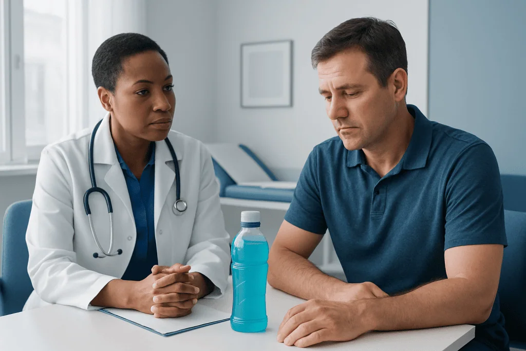 Doctor consulting with male patient about health in clinic setting.