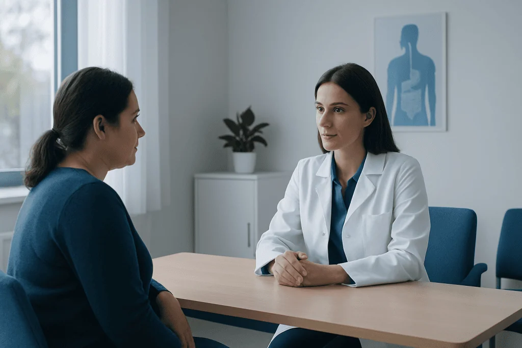 Doctor consulting with patient in a medical office setting.