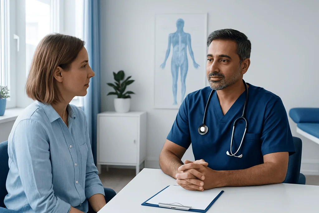 Doctor consulting with a patient in a medical office setting.