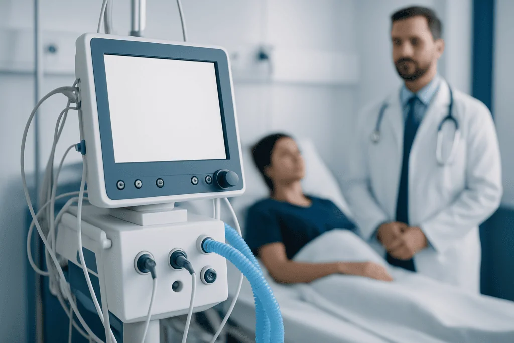 Medical ventilator machine in hospital room with patient and doctor.