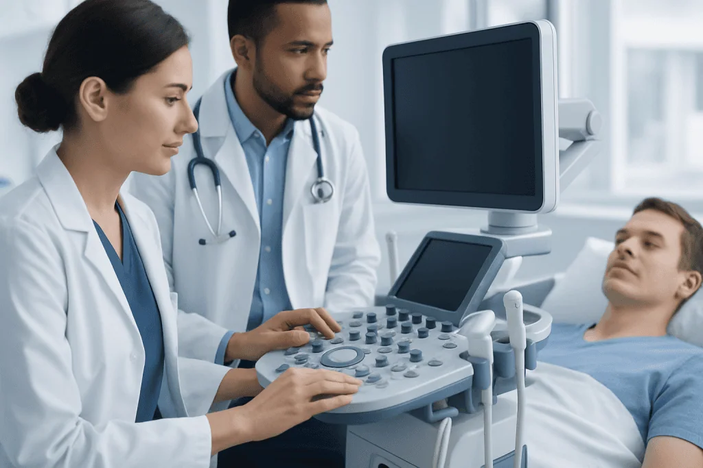 Medical professionals performing an ultrasound on a patient in a hospital.