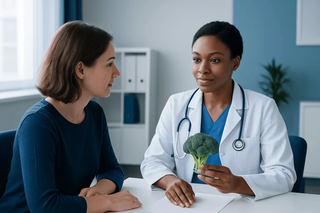 Doctor explaining broccoli health benefits to patient in clinic.