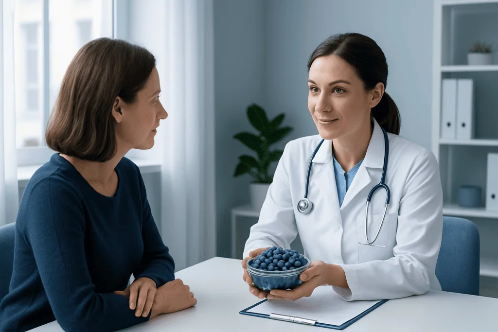 Doctor explaining blueberries' health benefits to a patient in a clinic.