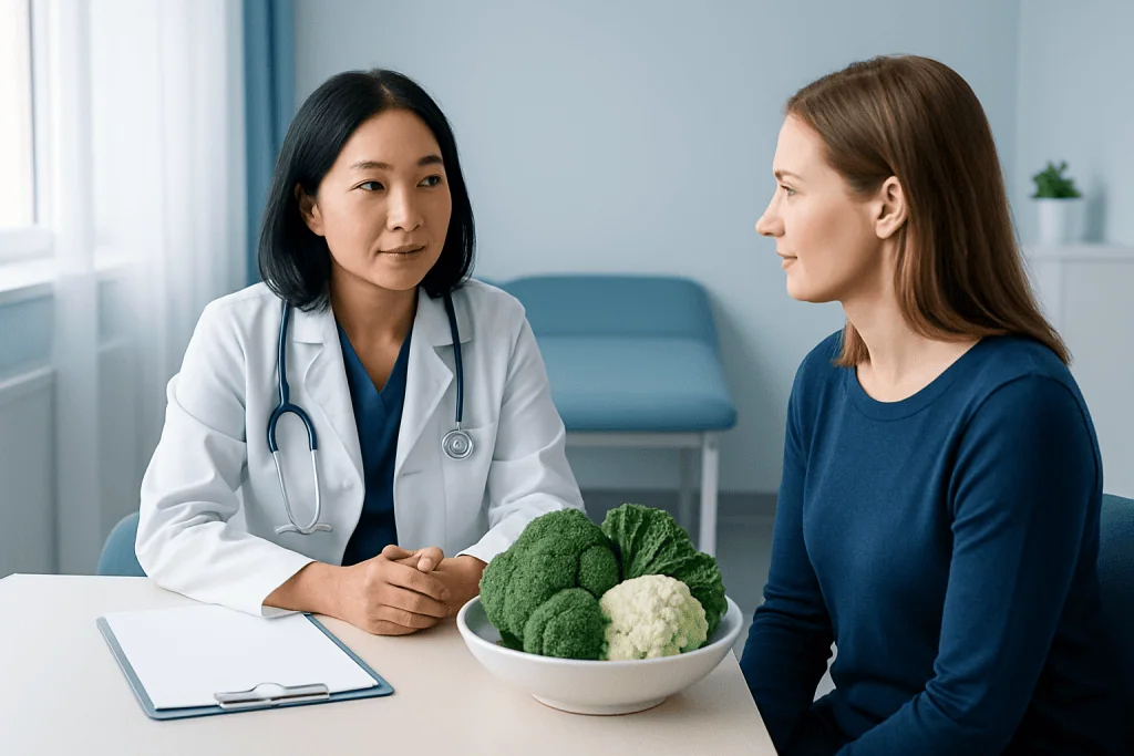 Doctor consulting a patient with a bowl of broccoli and cauliflower on the table.