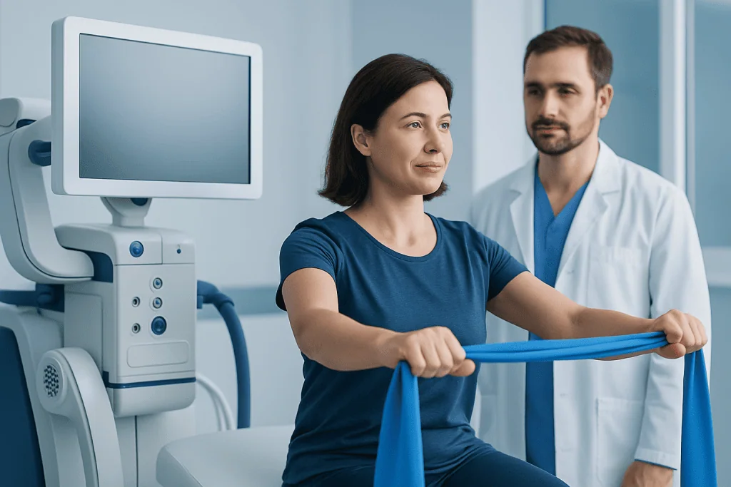 Medical professional assisting a woman with resistance band exercises in a clinical setting.