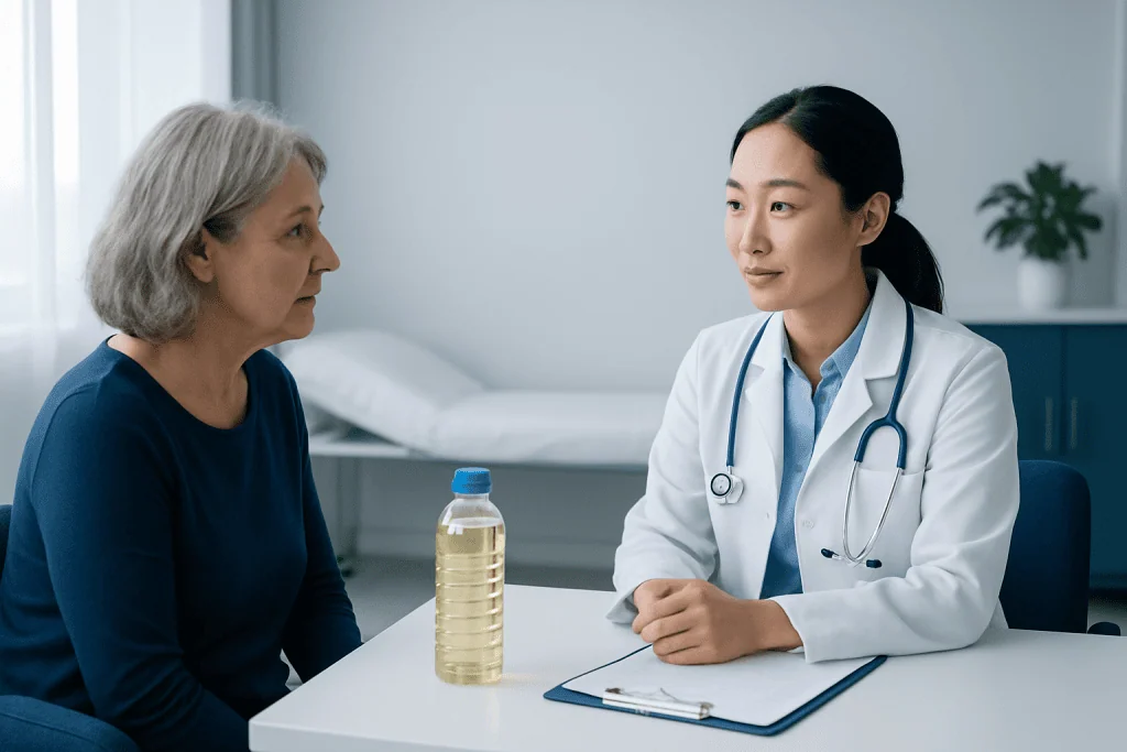 Doctor consulting with an elderly female patient in a medical office.