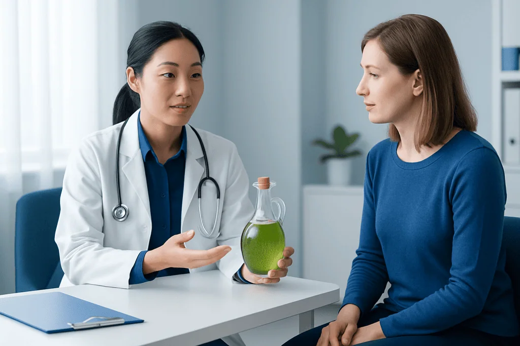 Doctor explaining benefits of algae cooking oil to patient in consultation room.